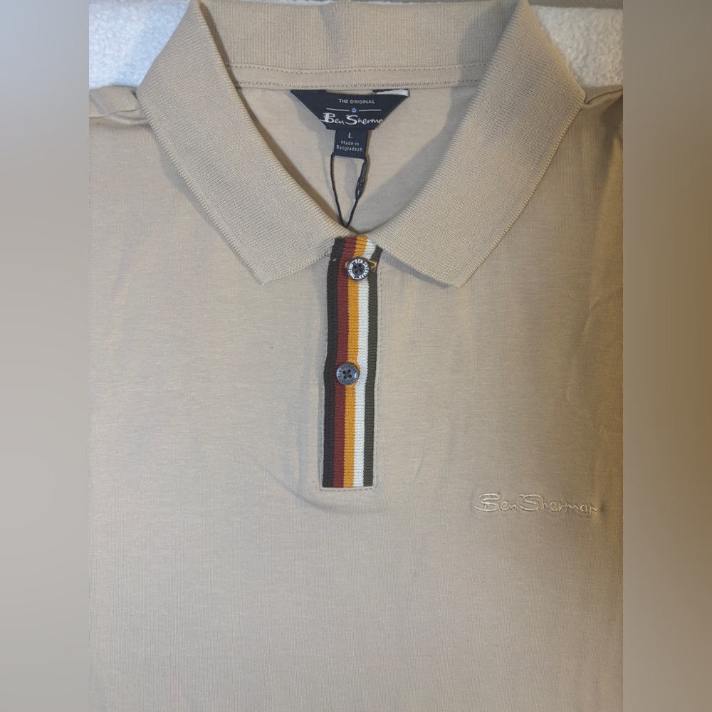 Ben Sherman Men’s Beige Polo Shirt Size L Multicolor Stripes Accents NWT - Picture 10 of 10